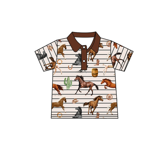 preorder BT0537 Western Cactus Horse Striped Brown Short Sleeve Boys Top