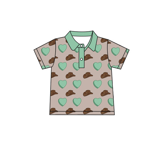 preorder BT0557 Western Green Heart Hat Short Sleeve Boys T-Shirt Top