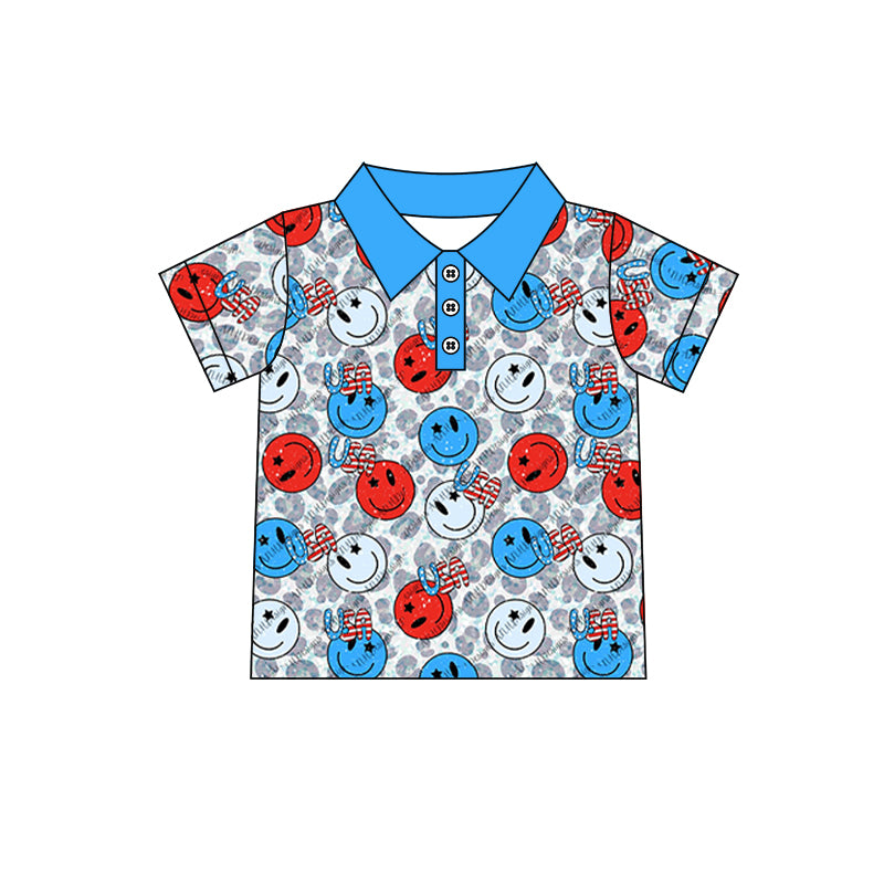 preorder BT0561 July 4th USA Red Blue Smile Leopard Short Sleeve Boys Top