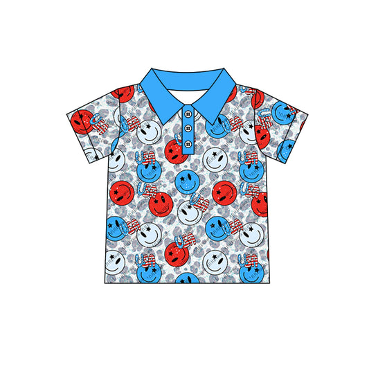 preorder BT0561 July 4th USA Red Blue Smile Leopard Short Sleeve Boys Top