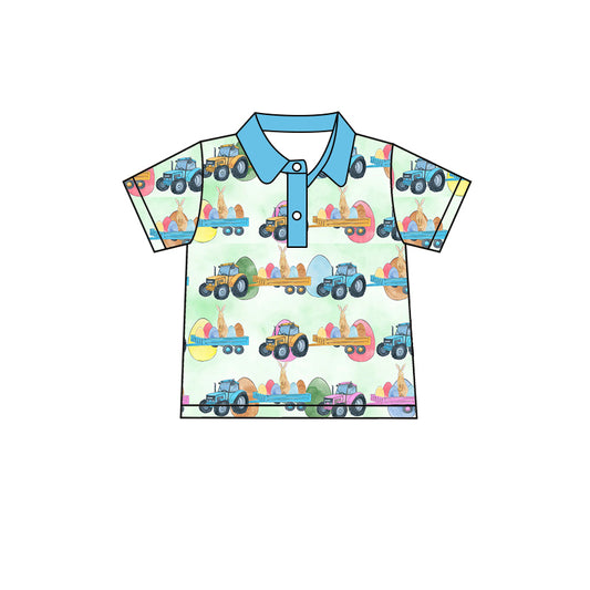 preorder BT0564 Easter Tractor Truck Egg Rabbit Blue Short Sleeve Boys Top