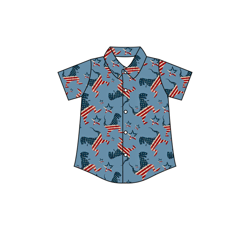 preorder BT0567 July 4th Dinosaur Blue Short Sleeve Boys Top