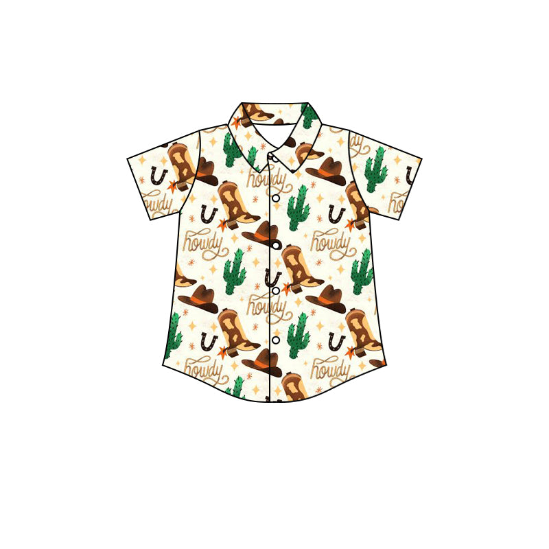 preorder BT0579 Western Cactus Boot Hat Brown Short Sleeve Boys Top