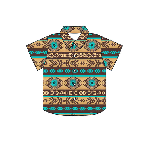 preorder BT0583 Western Aztec Print Brown Short Sleeve Boys Top