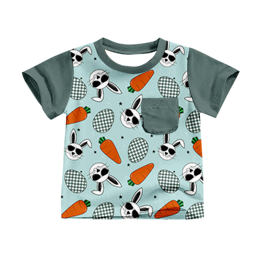 preorder BT0591 Easter Rabbit Carrot Egg Blue Pocket Short Sleeve Boys Top