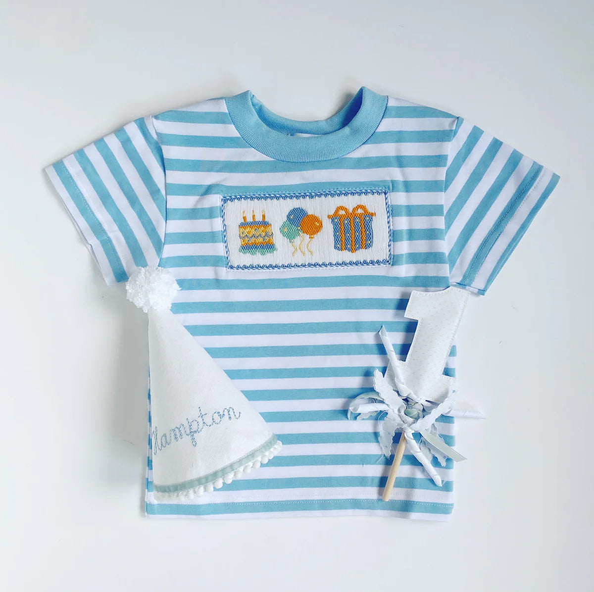 preorder BT0630 happy birthday cake balloon gift blue striped short sleeve boys top