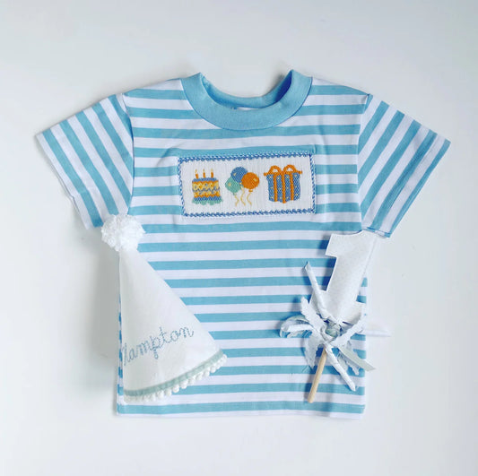 preorder BT0630 happy birthday cake balloon gift blue striped short sleeve boys top