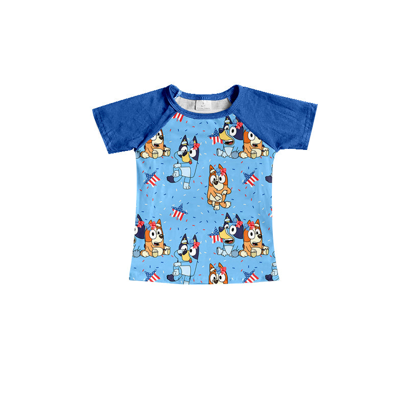 preorder BT0642 July 4th fireworks cartoon blue dog short sleeve boys top