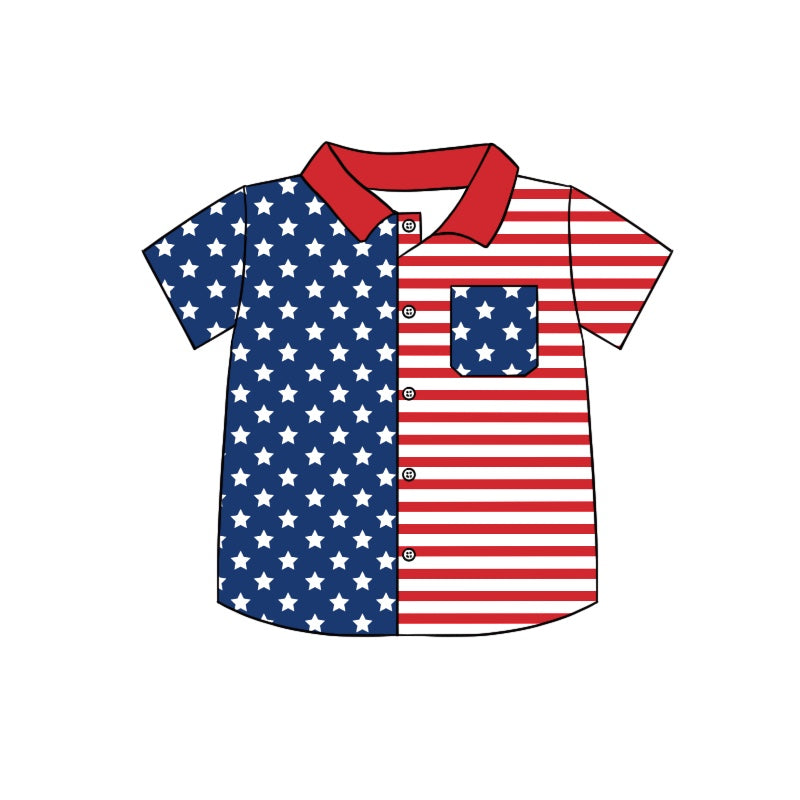 preorder BBT0644 July 4th star red striped pocket short sleeve boys top