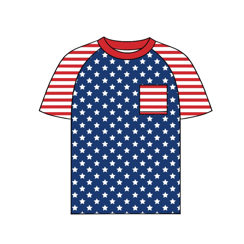 preorder BT0645 July 4th star red striped pocket short sleeve adult top