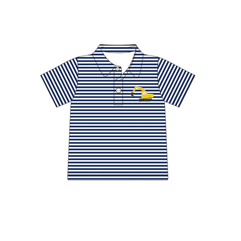 preorder BT0690 cute excavator dark navy blue striped short sleeve boys top