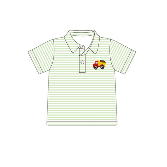 preorder BT0691 cute dump truck light green striped short sleeve boys top