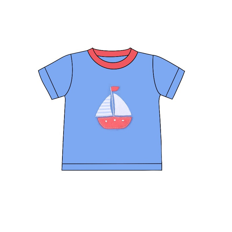 preorder BT0710 cute sailboat blue short sleeve boys top
