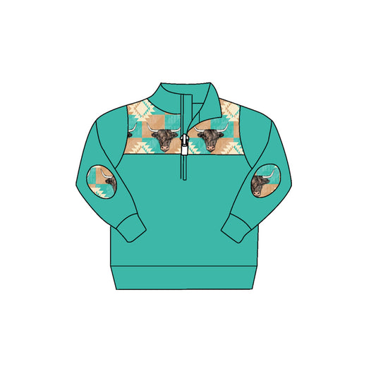 preorder BT0723 Western cow Aztec green long sleeve boys pullover