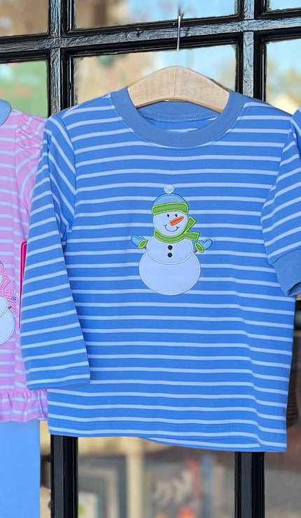 preorder BT0735 Christmas snowman blue striped long sleeve boys top