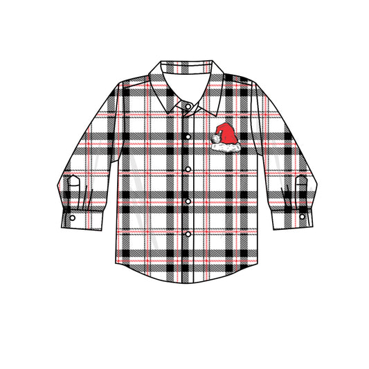 preorder BT0767 Christmas hat black checkered long sleeve boys top