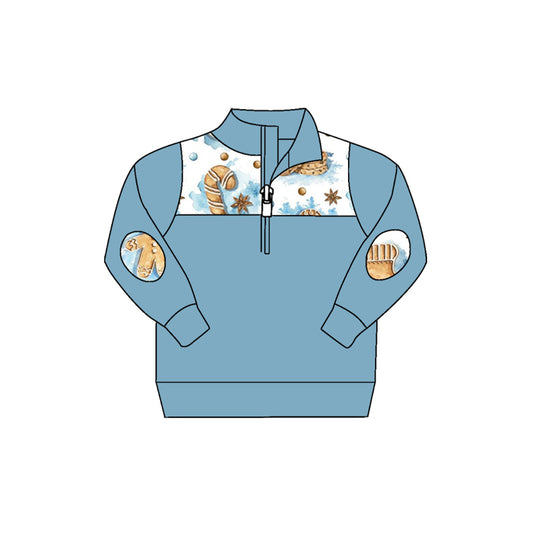 preorder BT0785 Christmas gingerbread man blue long sleeve boys pullover