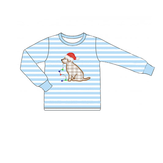 preorder BT0791 Christmas dog light blue striped long sleeve boys pullover top