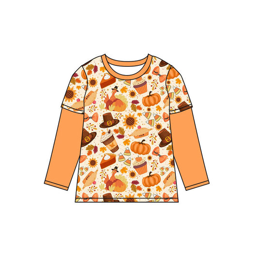 preorder BT0837 Thanksgiving turkey hat pie orange long sleeve boys top