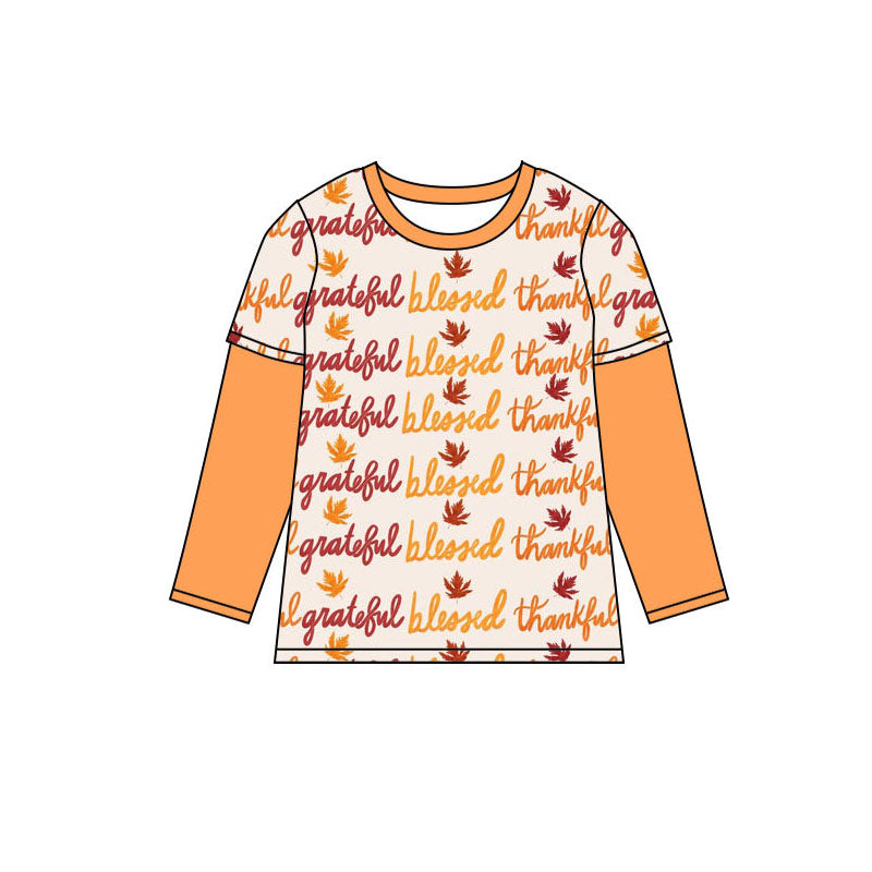 preorder BT0838 Thanksgiving leaf orange long sleeve boys top