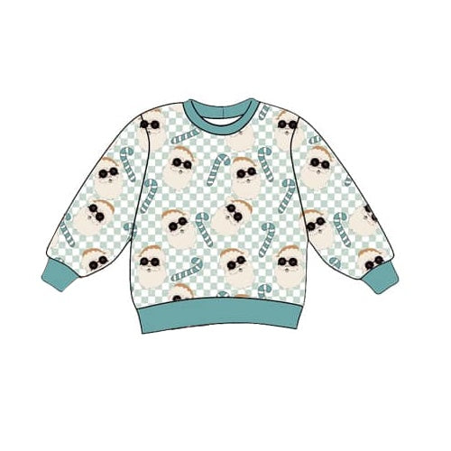 preorder BT0844 Christmas Santa cane candy blue checkered long sleeve boys top