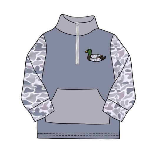 preorder BT0929 cute camo mallard duck grey pocket zipper long sleeve boys pullover