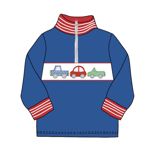 preorder BT0932 cute car truck blue zipper long sleeve boys pullover boys top