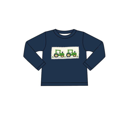 preorder BT1009 cute tractor navy blue long sleeve boys top