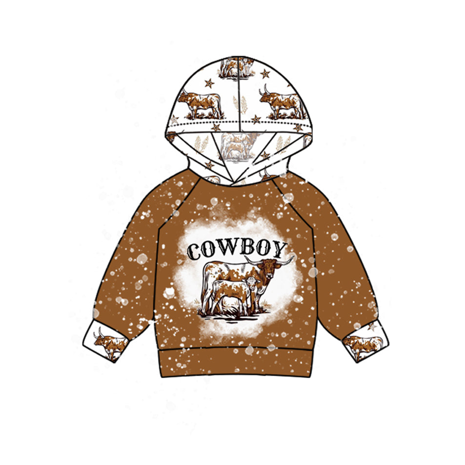 preorder BT1014 Western cow cowboy brown hooded long sleeve boys pullover