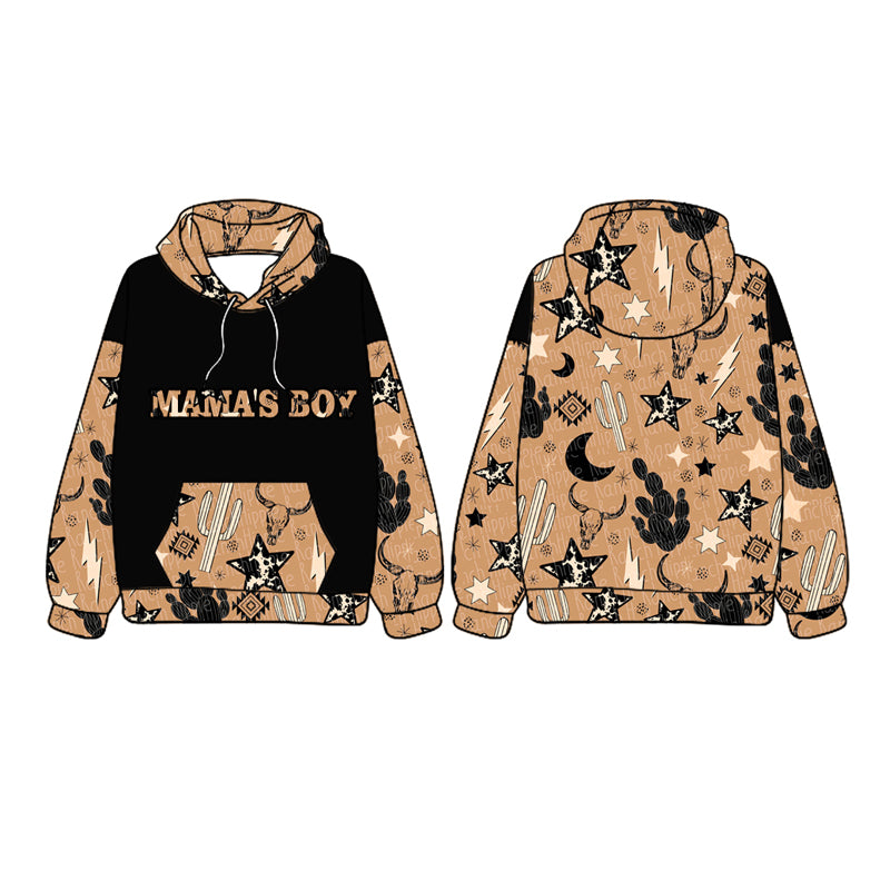 preorder BT1015 Western mama's boy cow cactus aztec brown long sleeve hooded boys pullover