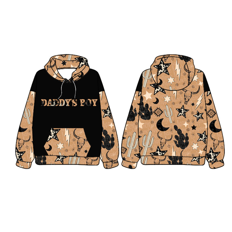 preorder BT1016 Western daddy's boy cow cactus aztec brown long sleeve hooded boys pullover