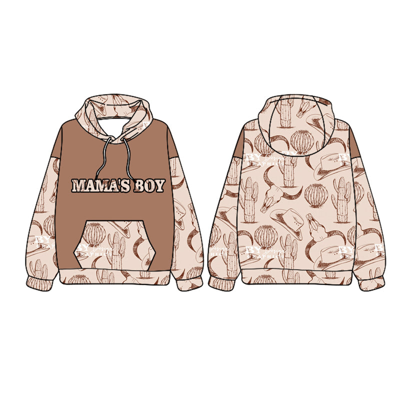preorder BT1017 Western mama's boy cow cactus brown long sleeve hooded boys pullover