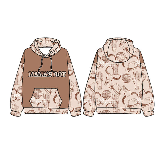 preorder BT1017 Western mama's boy cow cactus brown long sleeve hooded boys pullover