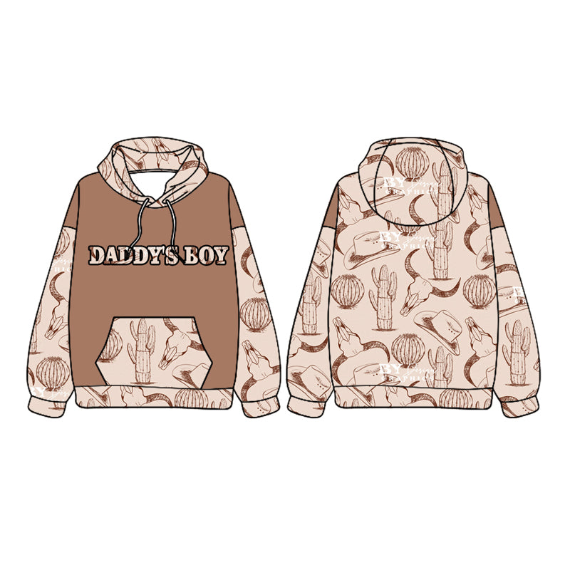 preorder BT1018 Western daddy's boy cow cactus brown long sleeve hooded boys pullover