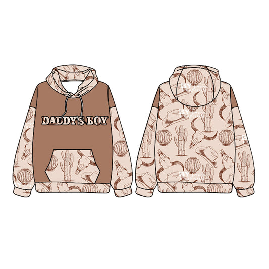 preorder BT1018 Western daddy's boy cow cactus brown long sleeve hooded boys pullover