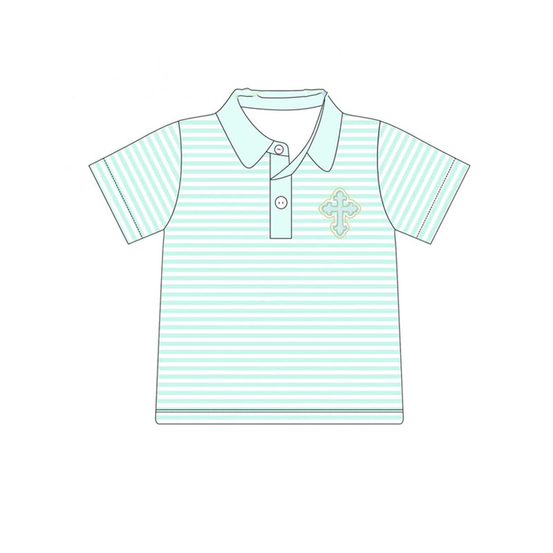 preorder BT1045 Easter cross green striped short sleeve boys top