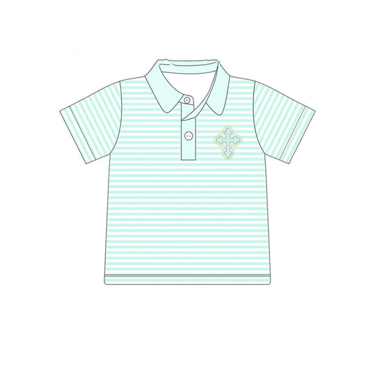 preorder BT1045 Easter cross green striped short sleeve boys top