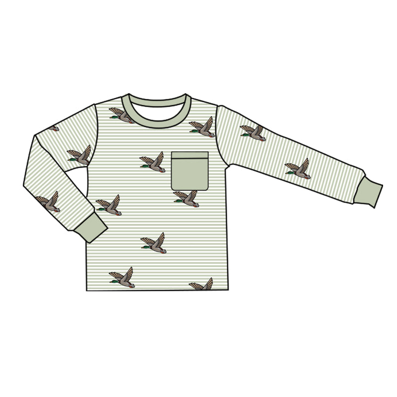 preorder BT1070 cute mallard duck green striped pocket long sleeve boys top