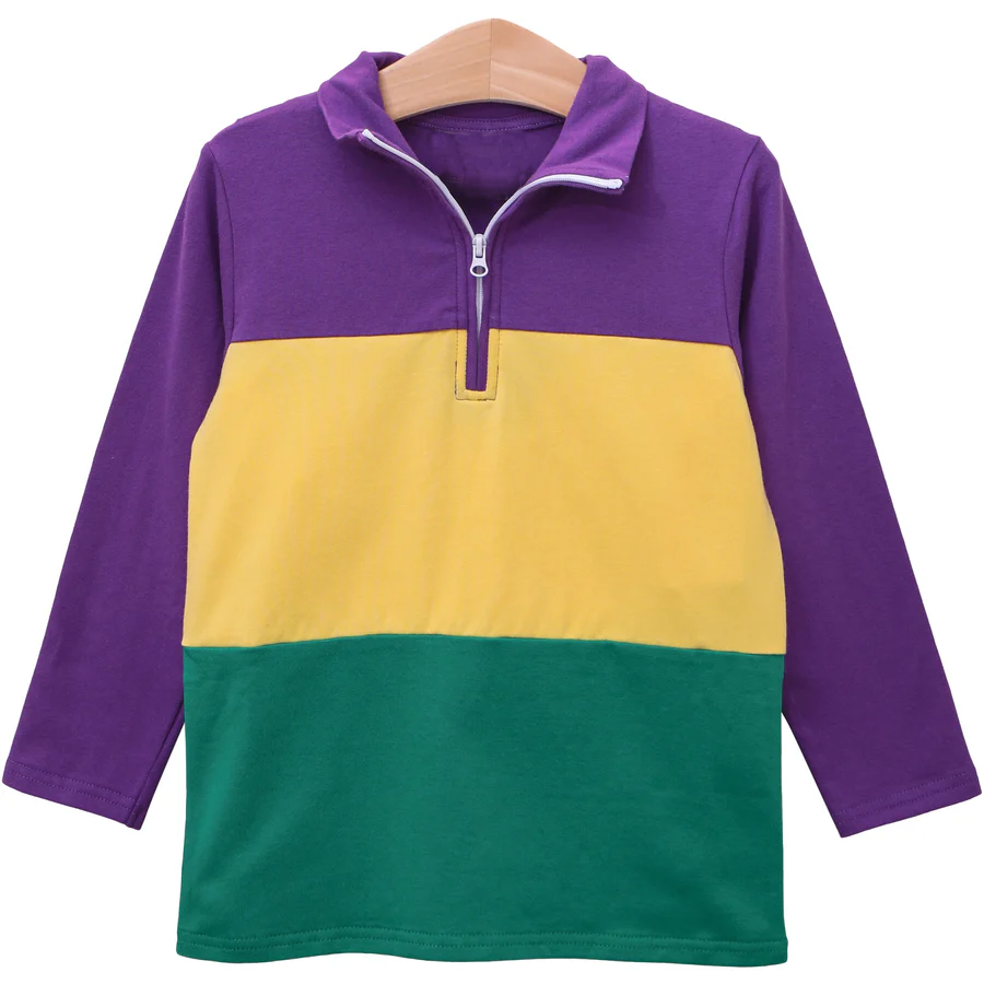 preorder BT1130 Mardi Gras Purple Yellow Green Long Sleeve Zipper Boys Top Pullover