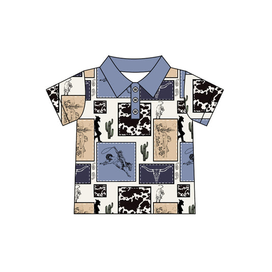 preorder BT1169 Western rodeo cactus blue short sleeve boys top