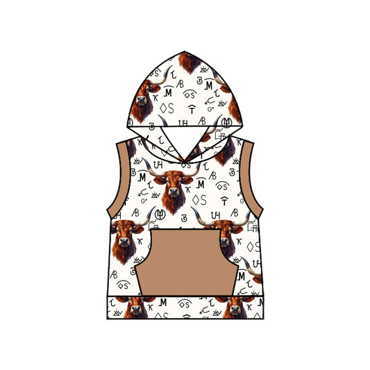 preorder BT1170 Western highland cow letter brown pocket hoodie sleeveless boys top