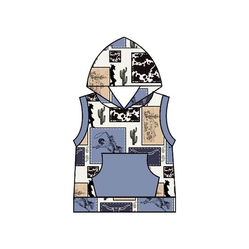 preorder BT1171 Western rodeo cactus blue pocket hoodie sleeveless boys top