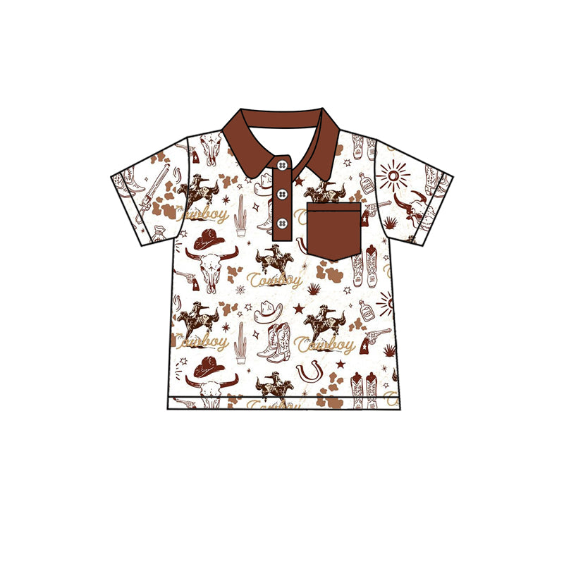 preorder BT1197 Western rodeo cow boot brown short sleeve boys top