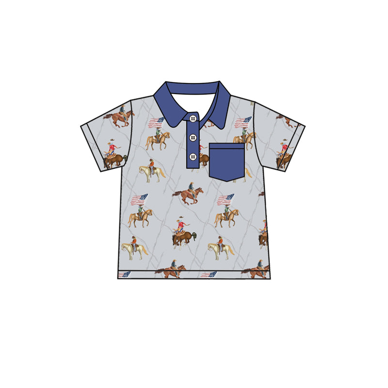 preorder BT1227 Western July flag rodeo pocket navy blue grey short sleeve boys top