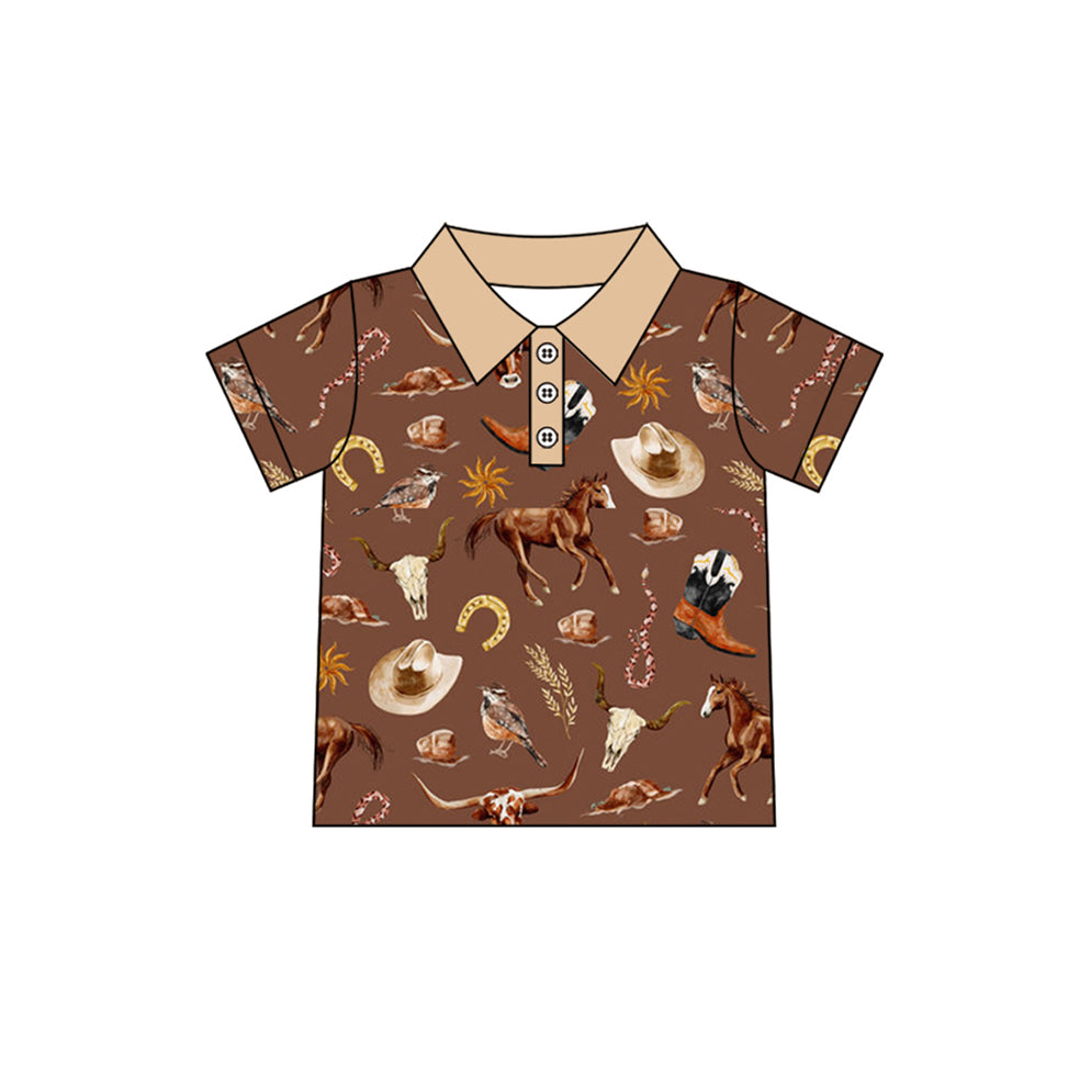 preorder BT1230 Western cow horse brown short sleeve boys top