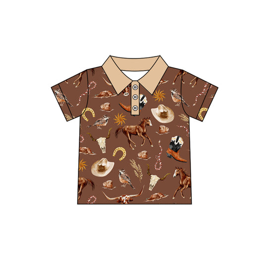 preorder BT1230 Western cow horse brown short sleeve boys top