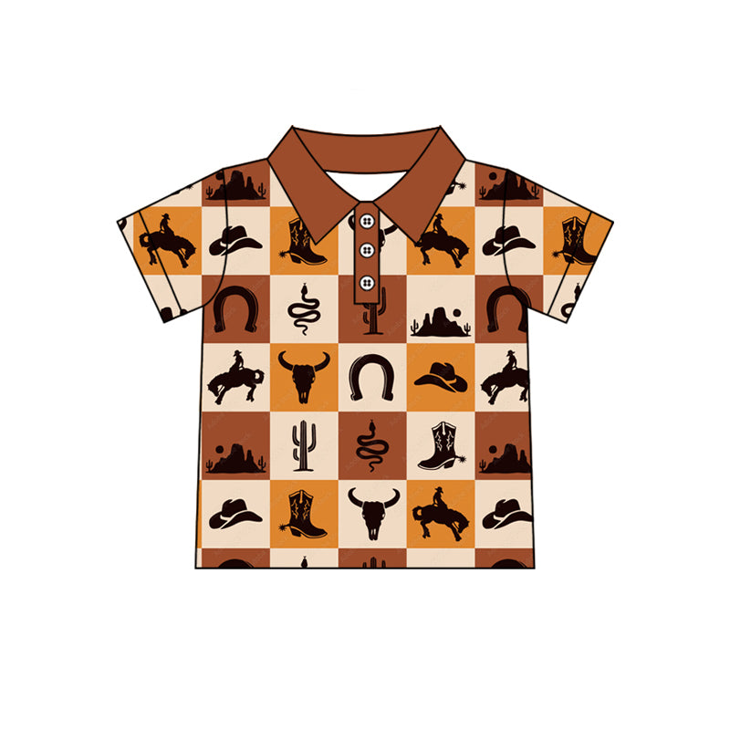 preorder BT1244 Western cow rodeo brown checkered short sleeve boys top