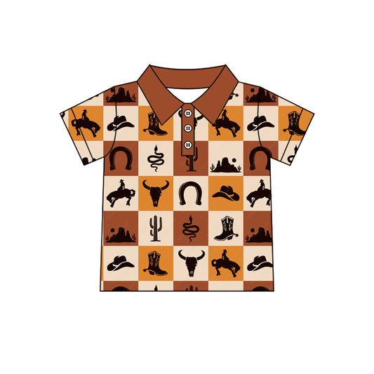 preorder BT1244 Western cow rodeo brown checkered short sleeve boys top