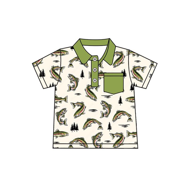 preorder BT1245 cartoon fishing pocket green short sleeve boys top