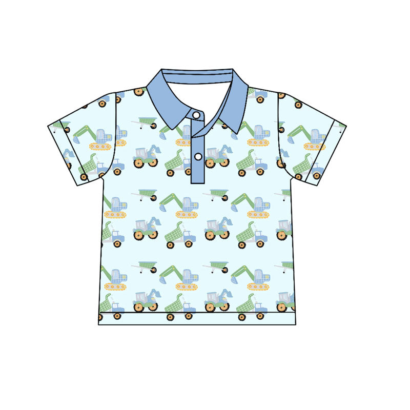 preorder BT1262 cartoon construction truck blue short sleeve boys top